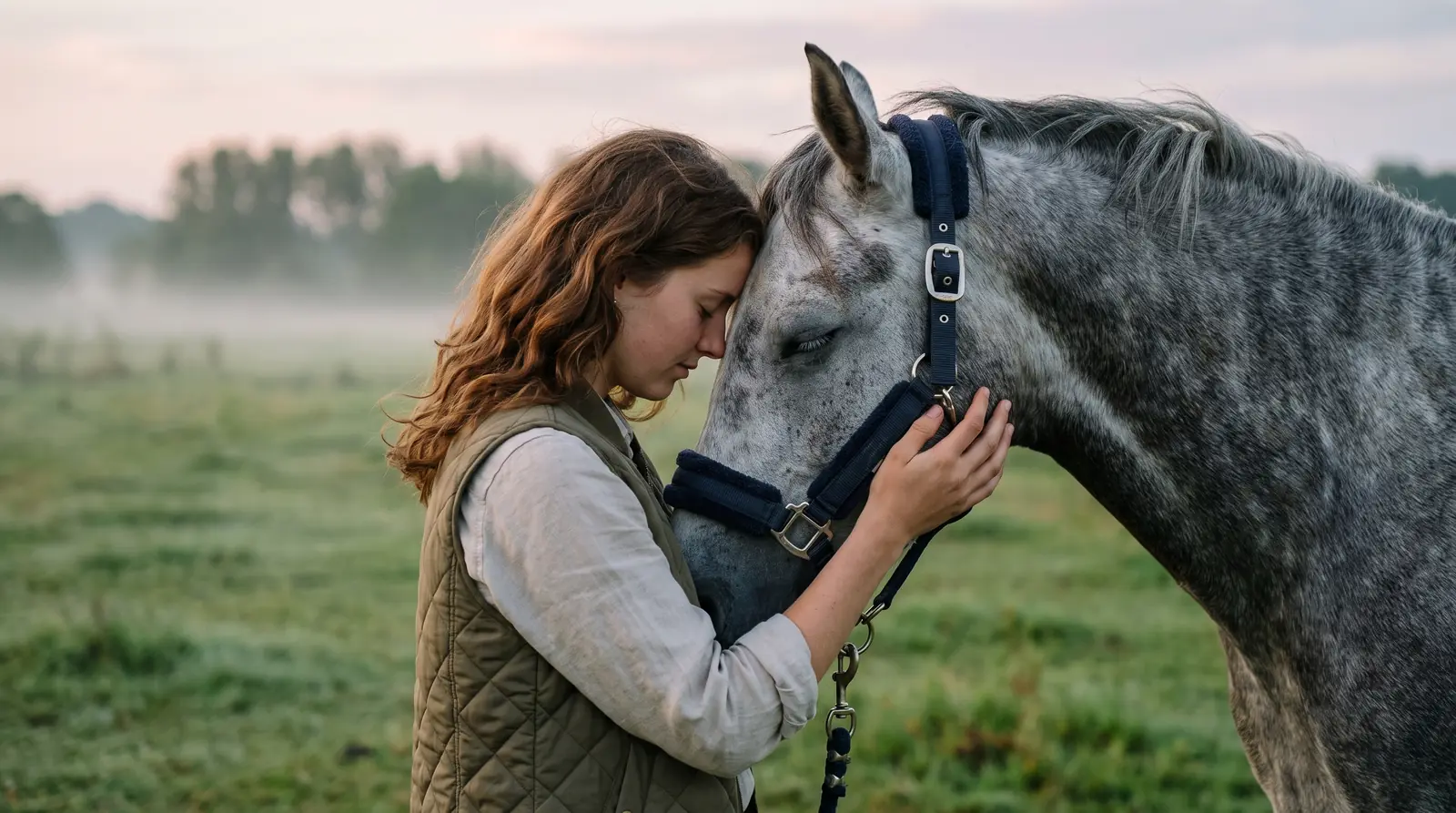 A woman resting her forehead against her grey horse in a misty meadow at dawn